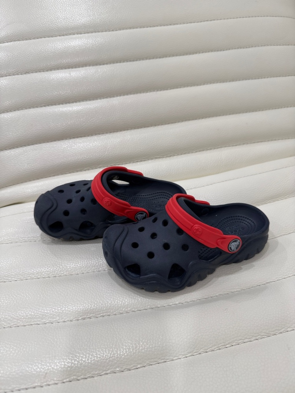 CROCS Kids Navy Blue Clogs with Red Heel Strap